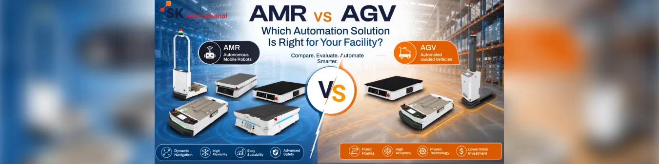 AMR vs AGV comparison showing autonomous mobile robots and automated guided
vehicles in a modern manufacturing facility.